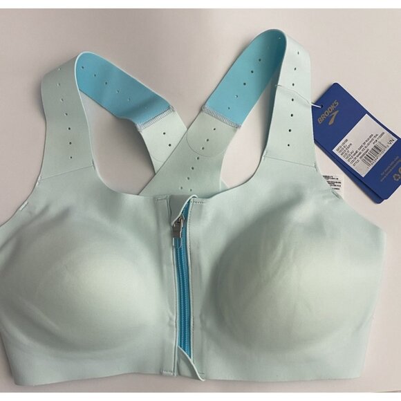 Brooks 32C/D Dare Zip Front Run Bra 2.0 Ice Blue Vivid Teal Molded Sports Bra - Picture 7 of 9